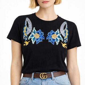 Maje Embroidered Floral Embellished Black Cotton T-Shirt Size 1 (XS/S) Designer